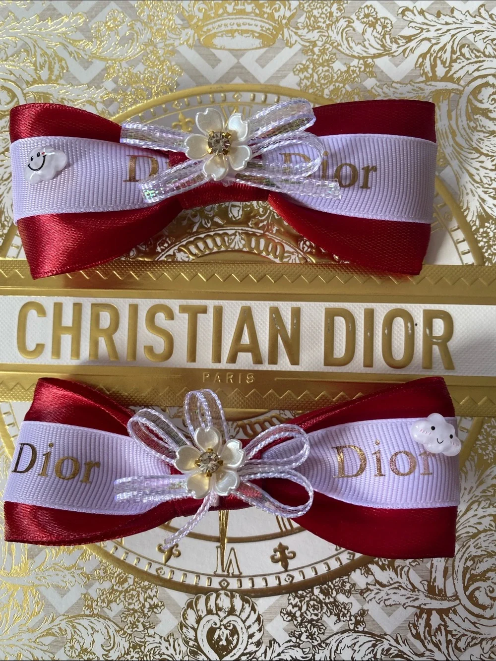 Dior Kids Red and White Ribbon Hair Bows with Gold Logo & Flower Accent (Pair)